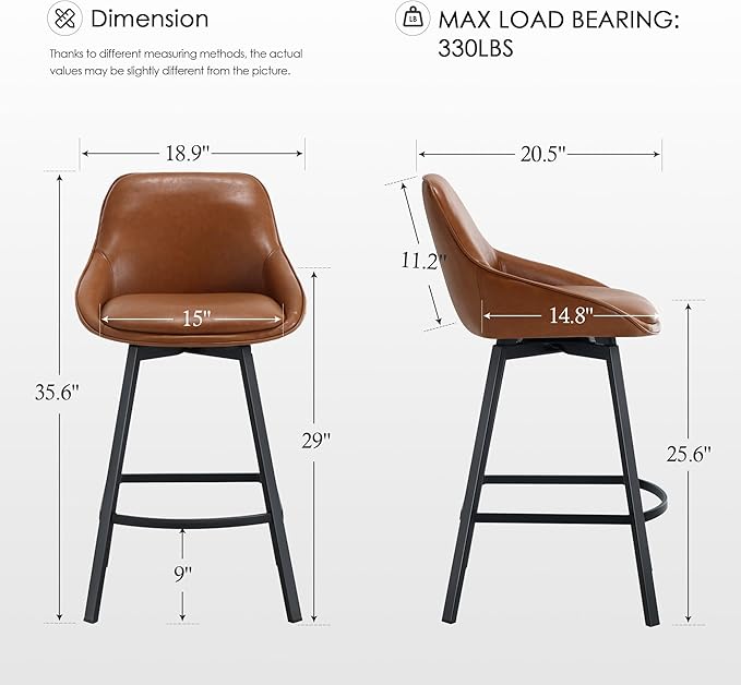 Zesthouse Swivel Counter Height Stools Set of 2, Modern Upholstered Barstools with Backs, 26'' Faux Leather High Chairs for Island Kitchen, Counter Height Chairs with Metal Legs, Brown