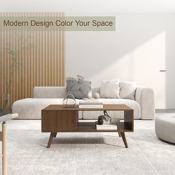 Mid Century Modern Coffee Table with Storage, Walnut Wood Center Table with Cabinet & Open Shelf, Retro Accent Furniture for Living Room & Small Spaces