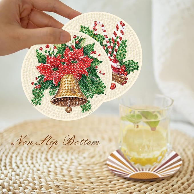 eniref 8 Pcs Christmas Diamond Art Coasters Kits with Holder, Chirstmas Bell Candy Candle Diamond Pinting Coasters Acrylic Cup Coaster with Cork Pads for Tabletop Protection 10×10 CM