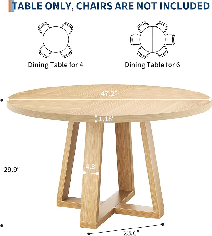 GAOMON Round Dining Table for 4-6, 47" Circle Dining Room Table with Sturdy Cross Base, Farmhouse Wood Dinner Table for Apartment Kitchen Living Room, Natural (Table Only)