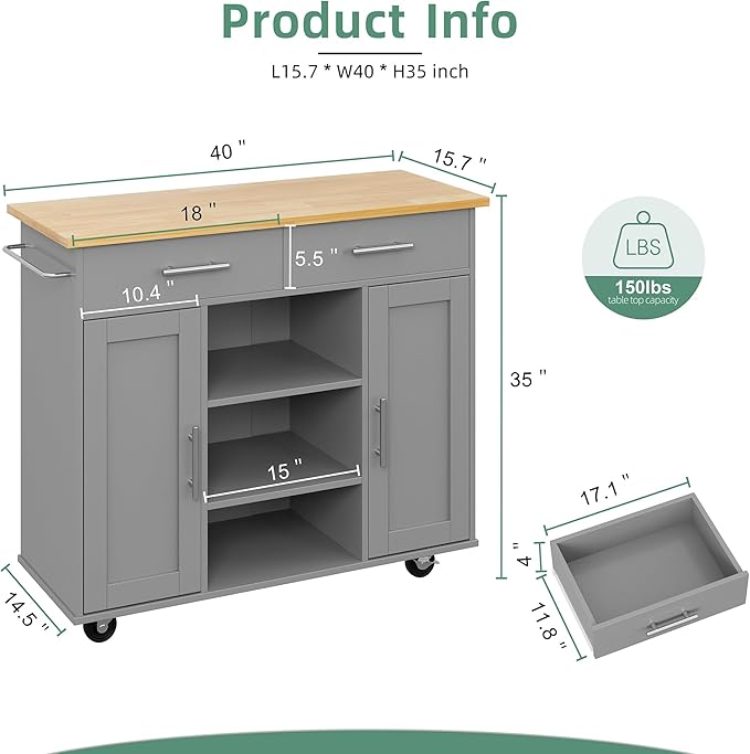 Shintenchi Kitchen Island with Storage, Kitchen Island Cart on Wheels with 3 Open Shelves, 2 Drawers and 2 Cabinets, Rolling Kitchen Table with Large Countertop, Gray