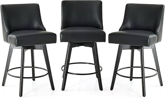 Vipbear Counter Height Bar Stools Set of 3, 26" H Swivel Bar Stools with Backs, PU Leather Upholstered Bar Chairs with Solid Wood Legs for Kitchen Island, Dining Room, Home Bar, Black