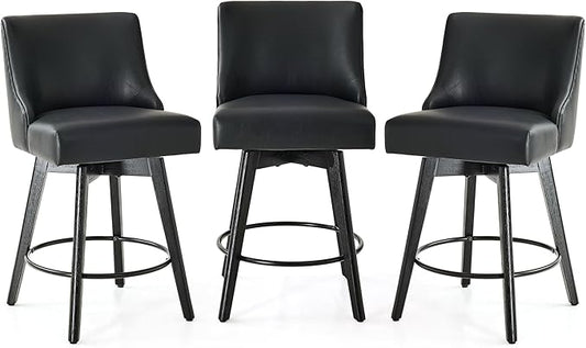 Vipbear Counter Height Bar Stools Set of 3, 26" H Swivel Bar Stools with Backs, PU Leather Upholstered Bar Chairs with Solid Wood Legs for Kitchen Island, Dining Room, Home Bar, Black