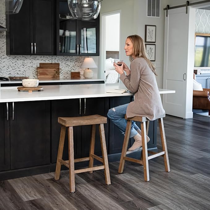 Maven Lane Kitchen Bar Stool, Modern Farmhouse Wood Counter Barstool, Kitchen Island Counterstool, Counter Height Bar Stools for Kitchen, Wide Seat Backless Bar Stools, Vincent 26" (Antiqued Natural)