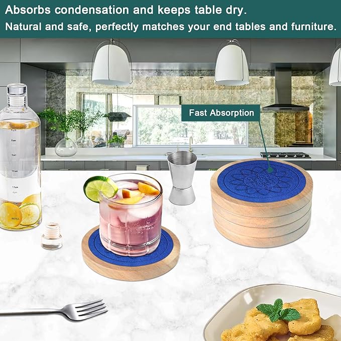 5 Pack Wood Coasters for Drinks, Minacun Absorbent Coaster Set, Drinks Coasters for Coffee Tabletop Protection, Non-Slip, Non-Stick, Suitable for Kinds of Cups Wooden Table Drink, 4.3 Inch Blue