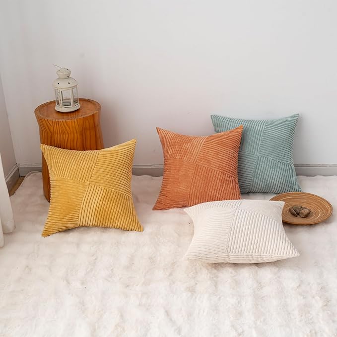 Decorative Throw Pillow Covers 18x18 Inch Set of 4 for Boho Living Room Farmhouse Home Decor, Spring Pillow Covers for Couch Bed, Soft Corduroy Striped Patchwork Cushion Cases, Warm Colors