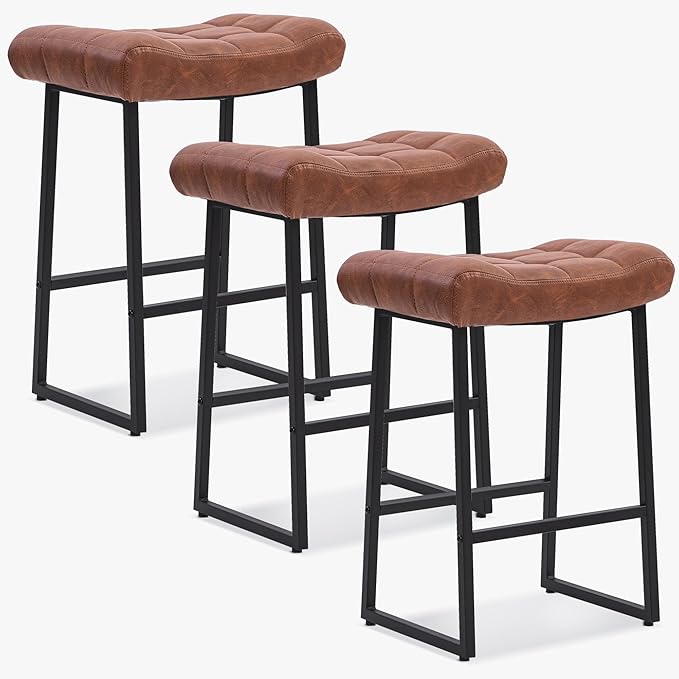 Modern Bar Stools Set of 3 for Kitchen Counter 24 inch Counter Height Backless Barstools with Upholstered Faux Leather Saddle Seat and Metal Frame Industrial Bar Chairs, Brown