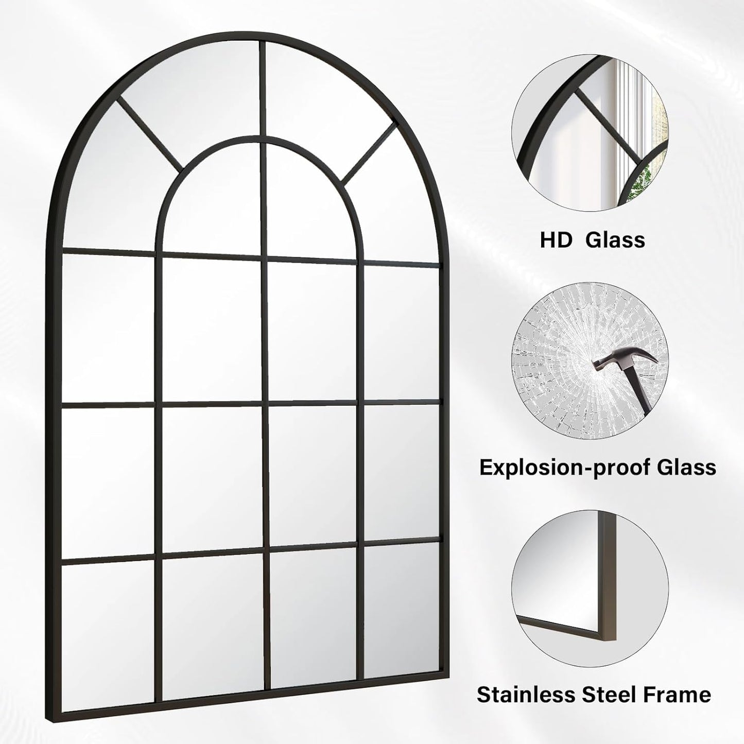 24"×36" Windowpane Arched Wall Mirror, Grid-Designed Decorative Farmehouse Wall Mounted Mirror with Metal Frame Hanging Leaning for Entryway, Living Room, Home Decor, Black
