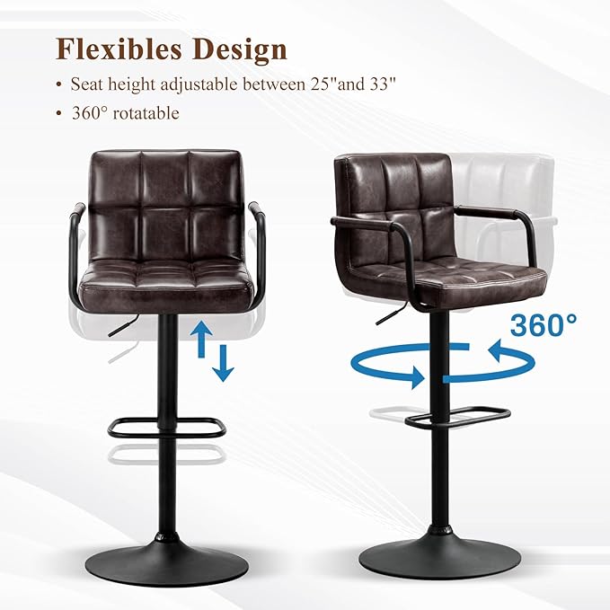 Furniliving Swivel Bar Stools Set of 4, Adjustable Kitchen Counter Height BarStools with Arms, PU Leather Upholstered Bar Chair with Back and Footrest for Dining Room, Kitchen, Pub, Bar (Blackbrown)