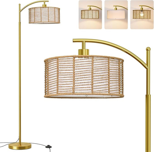 Oneach 62.5'' Arc Floor Lamp for Living Room, Rattan Boho Floor Lamp with Gold Metal Base, Double Shades, Farmhouse Rustic Modern Standing Lamp for Bedroom Office Corner