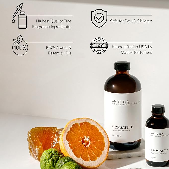 AromaTech White Tea Aroma Essential Oil Blend: Luxury Hotel Inspired Aromatherapy with White Tea, Orange & Palo Santo for Ultrasonic Diffusers & Nebulizers - 16 fl oz, 500 mL