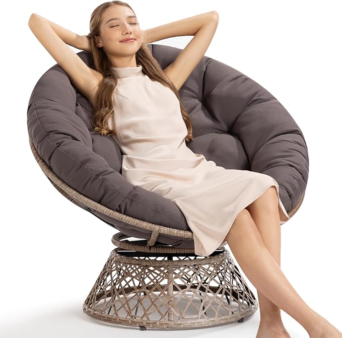 Bme 40" Ergonomic Wicker Papasan Chair with Soft Thick Cushion & Frame, 360° Swivel, Circle, Reading, Comfy Chair for Living Room, Bedroom