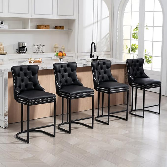 Counter Height Bar Stools Set of 4, 24" Modern Barstools with Back, Faux Leather Upholstery Counter Chairs with Metal Legs for Kitchen Island, Bar, Counter, Black