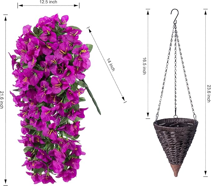 Artificial Bougainvillea Faux Flowers Plants Baskets for Outdoor Outside Summer Decoration, 3 PCS Fake Silk Long Hanging Vines UV Resistant Realistic for Front Door Porch Patio Balcony, Purple