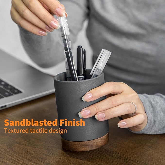 Pen Holder for Desk, Ceramic Pencil Organizer & Makeup Brush Holder, Office Decor and Desk Accessories，Perfect Office Organization,Teacher Supplies (Dark Grey, Set / 2)