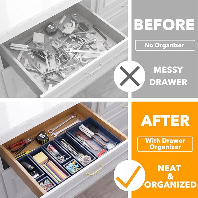 SpaceAid 7-Piece Bamboo Drawer Organizer Storage Boxes Set, Wood Tray Junk Drawer Organizers Multi-Use Divider Bins for Kitchen, Bathroom, Office Desk and Makeup Organization (7 Pack, Navy Blue)