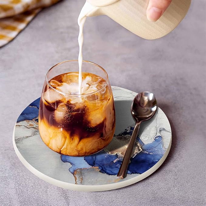 Blue and Gold Marble Coasters for Coffee Table Liquid Alcohol Ink Fluid Housewarming Presents for Women Men Home Decor Office Kitchen Living Room 2 Pcs