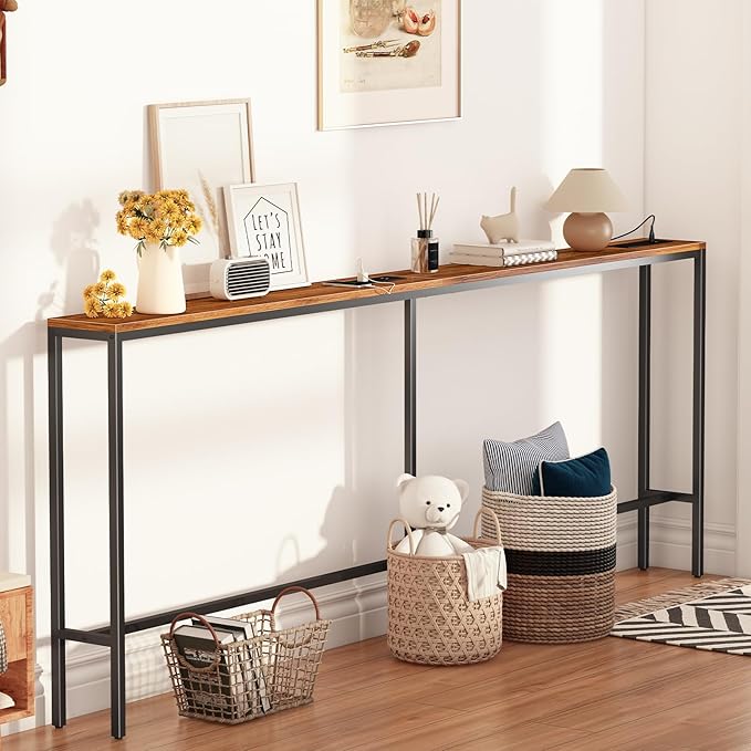 Narrow Sofa Table with 2 Power Outlets, 80.7” Thin Console Tables Narrow Long, Behind Couch Table Skinny, Wood Console Tables for Entryway, Living Room, Hallway, Foyer, Rustic Brown