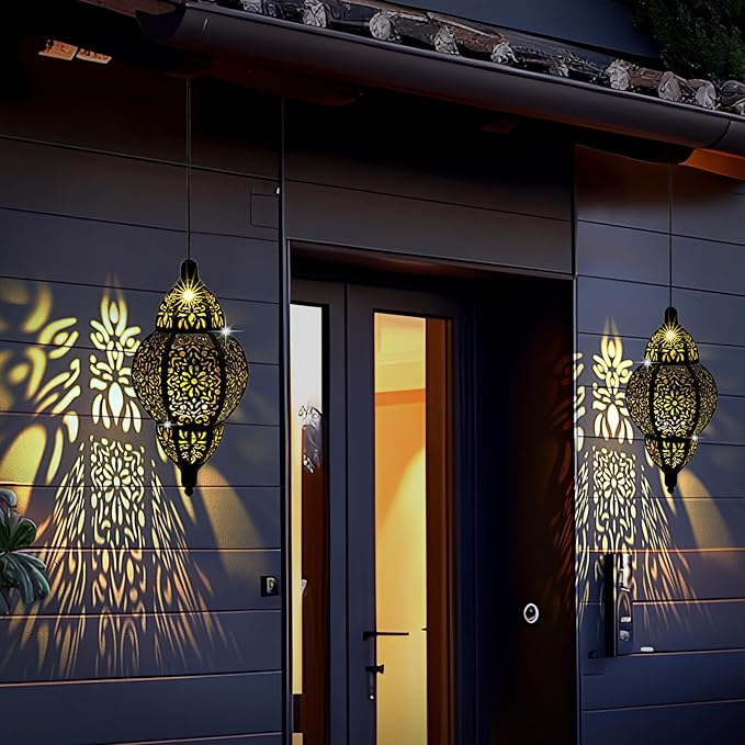 Hanging Solar Lantern Outdoor Decor, Moroccan Solar Lights for Outside Garden Decorations, Waterproof Solar Lanterns Garden Gifts for Mom, Women, Patio, Yard Ornament