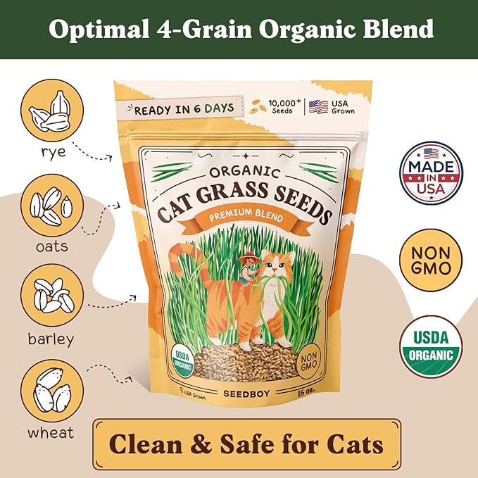 Seedboy Organic Cat Grass Seeds for Planting, Non-GMO Wheat, Oat, Rye, and Barley Pet Grass Seeds for Indoor Cats (16 oz)