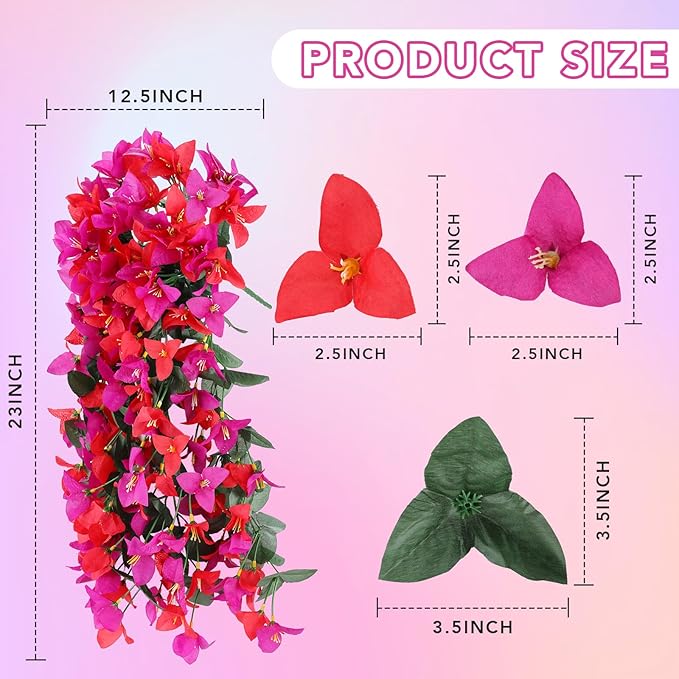 Artificial Bougainvillea Flowers for Outdoor Plant,2 pcs Faux Hanging Flowers Bougainvillea for Outside Decoration,Fake Silk UV Resistant Vines for Front Door Porch(Rose red+Fuchsia)