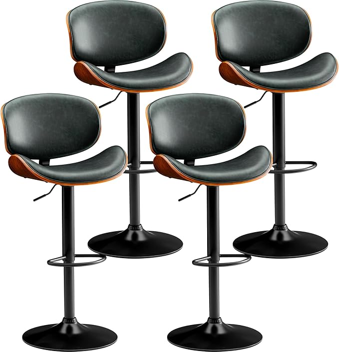 Bar Stools Set of 4 Adjustable Swivel Bentwood Barstools PU Leather Modern Bar Chairs with Back & Footrest for Bar, Kitchen Island, Dining Room (Grenn, Set of 4)