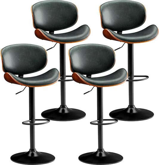 Bar Stools Set of 4 Adjustable Swivel Bentwood Barstools PU Leather Modern Bar Chairs with Back & Footrest for Bar, Kitchen Island, Dining Room (Grenn, Set of 4)