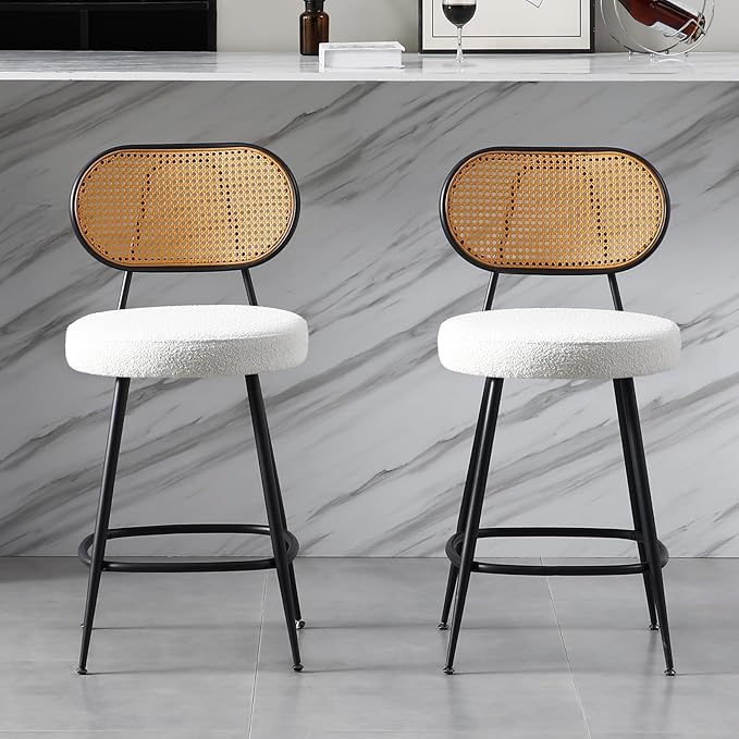 26" Rattan Barstools Set of 2, Counter Height Bar Chair with Black Metal Legs, Modern Armless Sherpa Pub Chair, Adjustable Feetpads Stools for Home Counter, Kitchen Dining Island, Cafe(Beige)