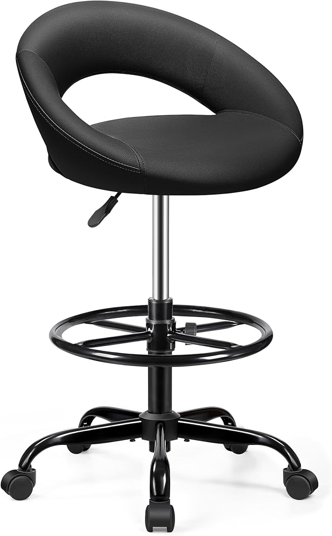 Office Drafting Chair - Bar Stools with Back Support, Adjustable Foot Rest and Wheels, Shop Rolling Swivel Chair for Standing Desk Counter Kitchen Salon Home Vanity, Black
