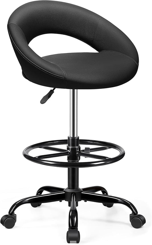 Office Drafting Chair - Bar Stools with Back Support, Adjustable Foot Rest and Wheels, Shop Rolling Swivel Chair for Standing Desk Counter Kitchen Salon Home Vanity, Black