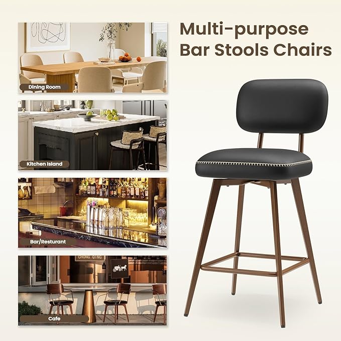 Swivel Bar Stools Set of 3, Mid Century PU Leather Counter Height Bar Chairs with Low Back and Metal Legs, Modern Bar Stool Chair for Kitchen Island, Black