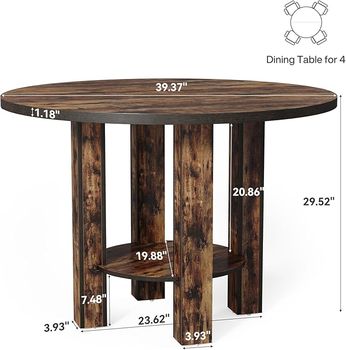 LITTLE TREE 39-Inch Round Dining Table for 4, Small Farmhouse Kitchen Dinner Table with Storage, 2-Tier Wooden Kitchen and Dining Room Furniture, Rustic Brown