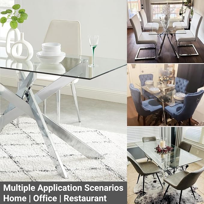 Edwin's Choice 58.5” Rectangle Glass Dining Table, Tempered Glass Tabletop and Metal Tubular Legs, Modern Style Table for Home, Kitchen, Dining Room 58.5”Lx29”Wx30”H, Silver
