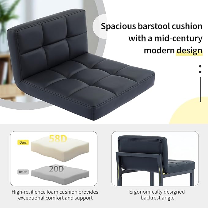 Bar Stools Set of 4, PU Leather Counter Height Barstools with Low Back and Thickened Metal Legs, 26 Inch Modern Island Chairs for Kitchen Island, Bar, Counter (Black, 4Pcs 26" Bar Stools)