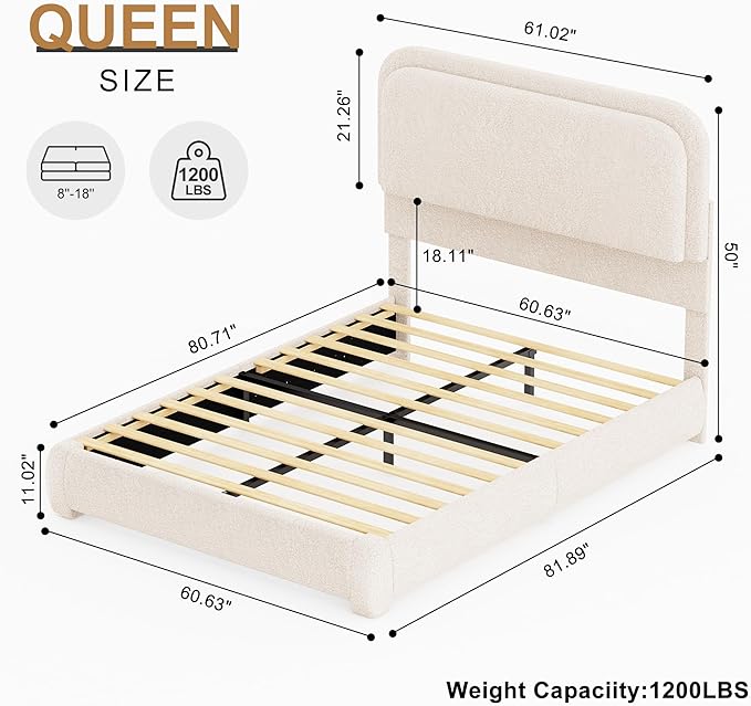 Queen Bed Frame, Teddy Fleece Curved Shaped Upholstered Bedframe with Thickened Rounded Corners, Modern Cloud Beds with Headboard Footboard LED Lights, No Box Spring Needed, Cream