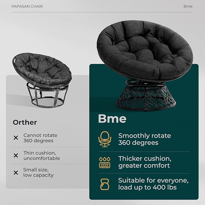 Bme 40" Ergonomic Wicker Papasan Chair with Soft Thick Cushion & Frame, 360° Swivel, Circle, Reading, Comfy Chair for Living Room, Bedroom