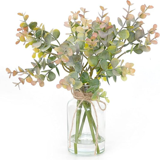 Artificial Eucalyptus Stems in Glass Vase with Faux Water,6Pcs Grey-Orange Fake Plant for Centerpiece (Grey-Orange Eucalyptus)