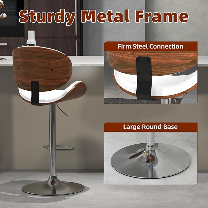 civama Bar Stools Set of 6 for Kitchen Counter, Adjustable Bar Height Chairs, Modern Swivel Barstools with Bentwood Seat and Back with Footrest for Kitchen Island, Dining Room, White PU Leather