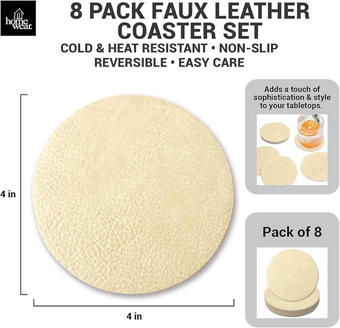 Set of 8 Morgan Faux Leather 4 Inch Round Coasters, Heat & Water Absorbent, Natural Style, Drinks Tabletop Home Dinning, Beige