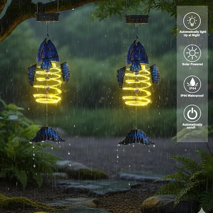 2 Pack Fish Solar Lights Outdoor Hanging Lantern with Handle, Solar Powered Butterflies Garden Decor for Outside Patio Yard Porch Pathway Butterfly Gifts for Women (Warm White LED Lights)