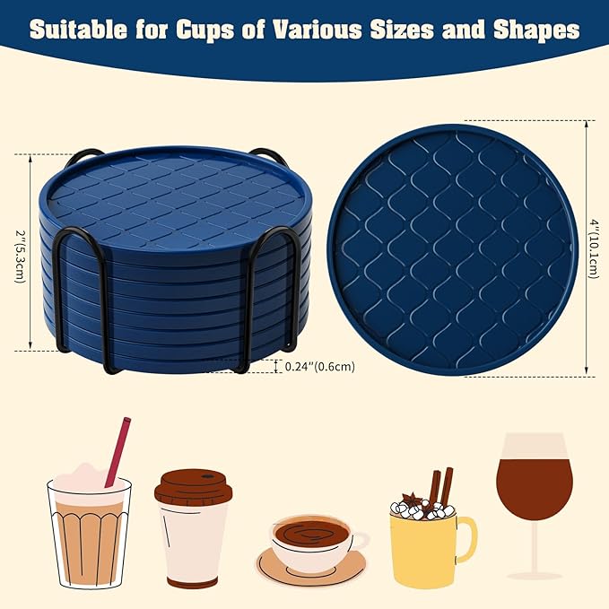 Coasters Set of 8,Hot or Cold Drink Coasters with Holder,Modern Style Coffee Table Coaster,Suitable for Kinds Cups Beer,Drink,Anti-Overflow Tabletop Protection (Navy Blue, 8pcs)