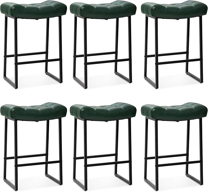 Modern Bar Stools Set of 6 for Kitchen Counter 24 inch Counter Height Backless Barstools with Upholstered Faux Leather Saddle Seat and Metal Frame Industrial Bar Chairs, Dark Green