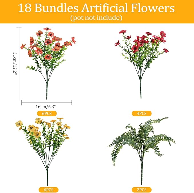 Artificial Faux Plants Flowers Outdoor Decoration,18 Bundles Fake Silk Colorful Daisy Eucalyptus Realistic UV Resistant for Outside Home Planter Porch Patio Yard Decor (Yellow Red)