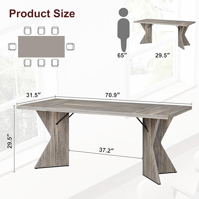 GarveeHome Dining Room Table 6, 71 Inch Rectangular Kitchen Table Dining Room Furniture with Sturdy Frame, Thickened Long Tabledesk and Dinner Desk for Party, Big Family, v-Cut Leg(Grey)