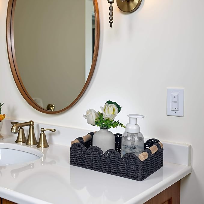 CubesLand Scalloped Edge Decor Basket for Living Room, Home, Bathroom, 2SAME SIZE Paper Rope Baskets, Toilet Storage Baskets for Over Toilet Storage Shelf, Cozy Woven Basket Both Storage&Decor, Black