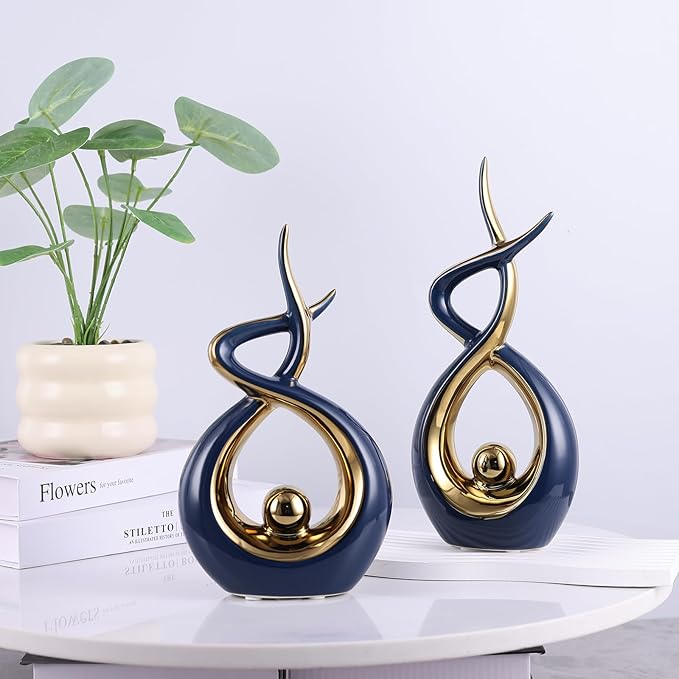 Gold Blue Modern Sculpture Table Decorations, Ceramic Knick Knacks Statues for Living Room Decor, Tv Stand and Desk Decor, Suitable for Coffee Tables and Shelf Decorations, Great Gift Idea