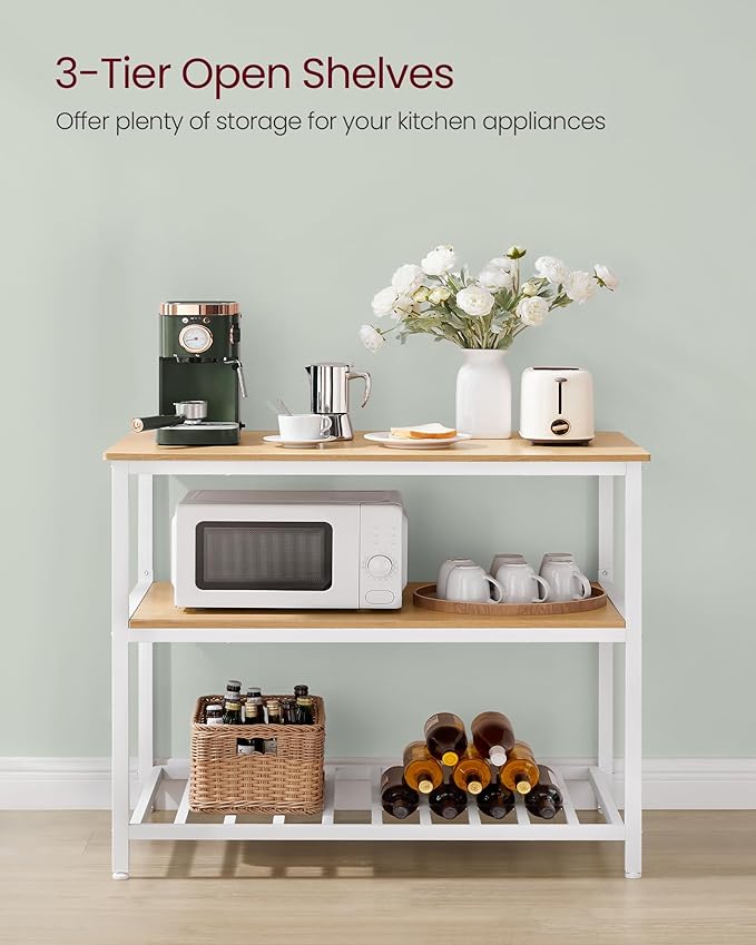 VASAGLE Kitchen Island with 3 Shelves, 39.4 Inches Width Kitchen Shelf with Large Worktop, Stable Steel Structure, Industrial, Easy to Assemble, Oak Color and White UKKI005W09