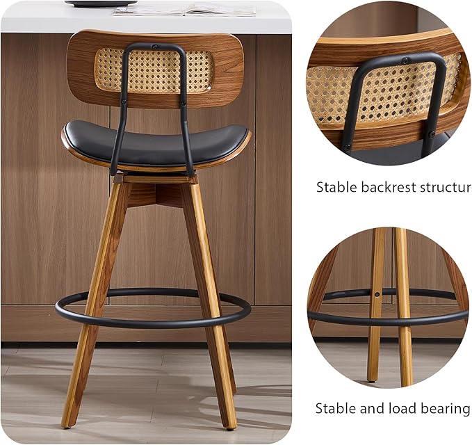 Swivel Bar Stools Set of 2, Faux Leather Counter Height Stools with Rattan Back, 26" Seat Height Upholstered Bar Chairs with Bentwood Wood Frame for Kitchen Island - Black