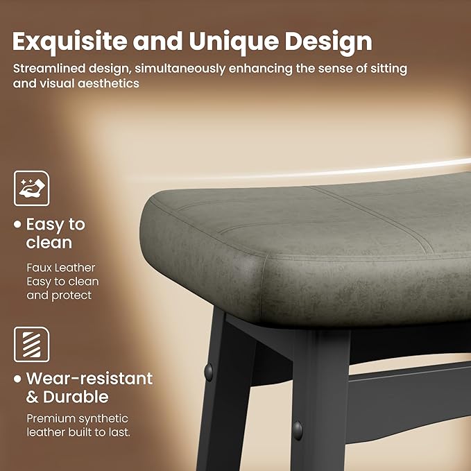 PHI VILLA Counter Height Bar Stools Set of 3 - Farmhouse Barstools with Upholstered Saddle Seat and Solid Wood Legs, Kitchen Counter Island Stools