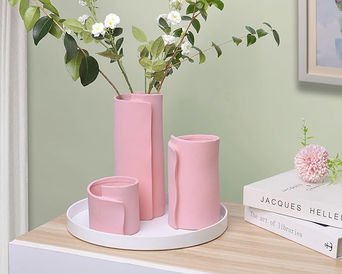 Pointnio Pink Ceramic Flower Vase Set of 3,Small Origami Flower Vases for Room Decor,Modern Boho Farmhouse Vase,Decorative Vases for Home Decor,Living Room, Kitchen, Bedroom